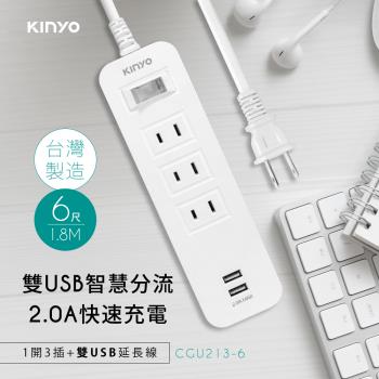 KINYO 1開3插雙USB延長線(1.8m)CGU213-6