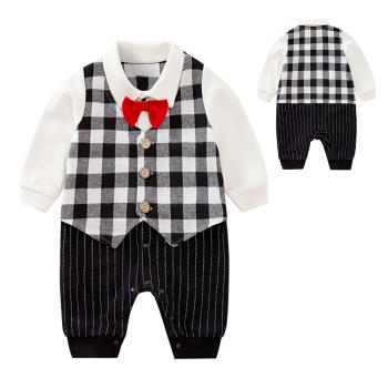Colorland-男寶寶西裝 周歲禮服 紳士長袖包屁衣 連身衣 黑白格紳士西裝