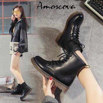 【Amoscova】夏日女靴 單靴 馬丁靴 綁帶 短靴 中筒靴 英倫復古 靴子重機靴 機車靴(1625)-新會員