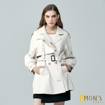 MONS 時尚率性大領中長風衣皮外套 (100%綿羊皮)