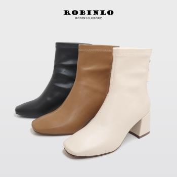 Robinlo氣質纖腿素面方頭粗跟中筒靴短靴DIANNE-極簡黑/奶油白/焦糖棕