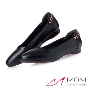 【MOM】平底鞋 尖頭平底鞋/設計感小尖頭百搭金屬鍊帶造型平底鞋 黑