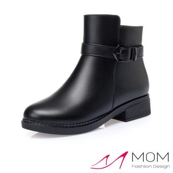 【MOM】短靴 休閒短靴/時尚潮流皮帶釦飾保暖機能休閒短靴 黑