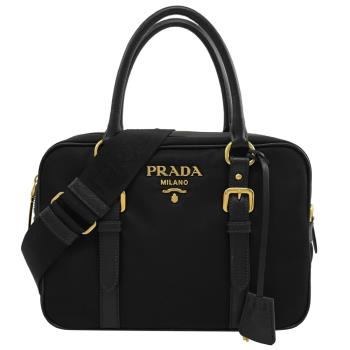 PRADA 1BB088 品牌浮雕LOGO尼龍附鎖組兩用包.黑