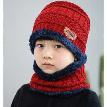 《Caroline》韓版秋冬兒童套頭帽貼布加绒保暖針織毛線帽&圍脖2件套組72380