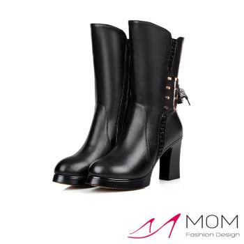【MOM】中筒靴 高跟中筒靴/真皮氣質燙鑽鉚釘綁帶造型高跟中筒靴 黑