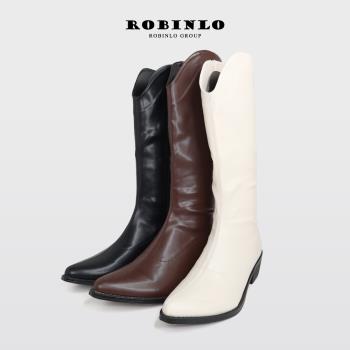 Robinlo時髦率性騎士風尖頭膝下靴長靴DONNY-極簡黑/奶油白/摩卡棕