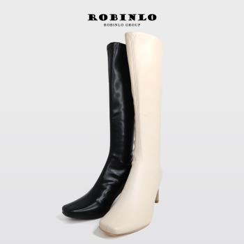 Robinlo顯瘦必敗方頭扁跟膝下靴長靴CORRINE-極簡黑/奶油白