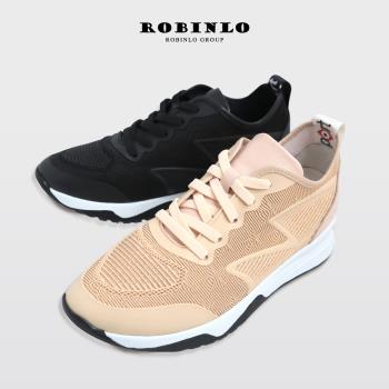 Robinlo 時尚異材質運動感美腿休閒鞋AUTY-黑色/粉色