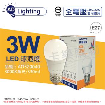 6入 【ADATA威剛照明】 LED 3W 3000K 黃光 E27 全電壓 球泡燈 AD520040