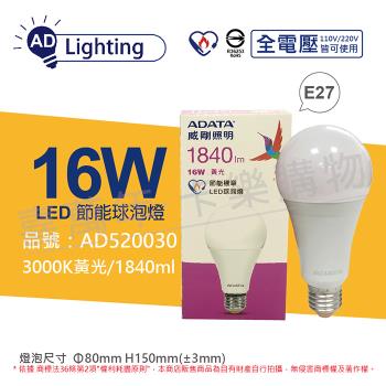 6入 【ADATA威剛照明】 LED 16W 3000K 黃光 E27 全電壓 球泡燈 節能商標 AD520030