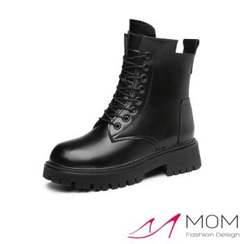 【MOM】馬丁靴 粗跟馬丁靴/真皮時尚復古厚底粗跟馬丁靴 黑