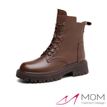 【MOM】馬丁靴 粗跟馬丁靴/真皮時尚復古厚底粗跟馬丁靴 棕
