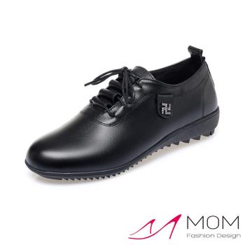 【MOM】運動鞋 休閒運動鞋/真皮軟底平跟舒適休閒運動鞋 黑
