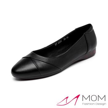 【MOM】平底鞋 尖頭平底鞋/真皮小尖頭軟底折線設計平底鞋 黑