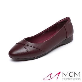 【MOM】平底鞋 尖頭平底鞋/真皮小尖頭軟底折線設計平底鞋 酒紅