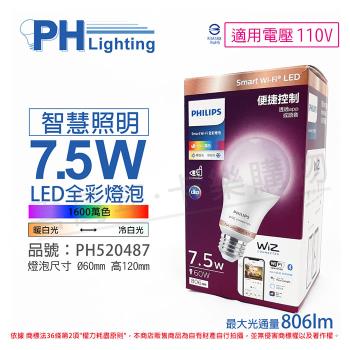 【PHILIPS飛利浦】 Smart Wi-Fi LED 7.5W 110V APP 控制 調色調光 全彩燈泡 智能 WiZ 球泡燈 PH520487