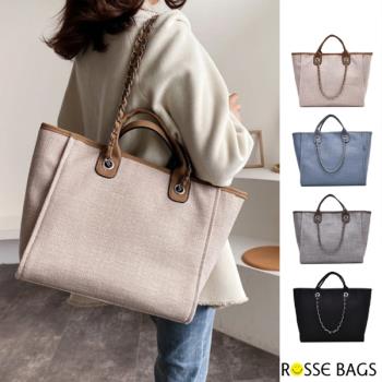 【Rosse Bags】時尚小香風鏈條帆布托特包(現+預 卡其 / 藍色 / 灰色 / 黑色)