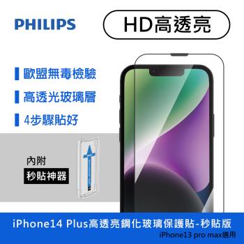 【Philips 飛利浦】iPhone 14 Plus 6.7吋 高透亮9H鋼化玻璃保護貼 保貼-秒貼版 (DLK1203/11)