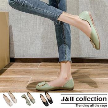 【J&amp;H collection】淺口方頭軟皮平底跟鞋(現+預  黑色/綠色/杏色)
