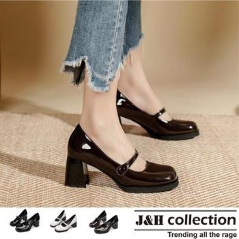 【J&H collection】日系復古一字帶粗跟女鞋(現+預 白色/黑色/深棕色)