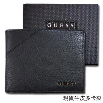 【Guess】男皮夾 短夾 荔紋牛皮夾 斜三角設計 金屬Logo 雙鈔夾 品牌盒裝／黑色