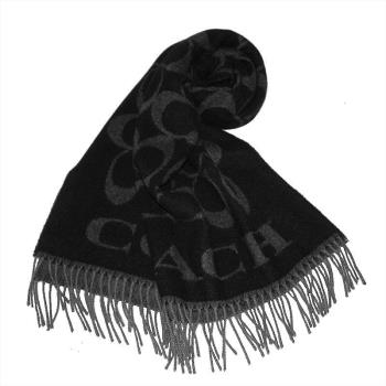 【COACH】經典LOGO喀什米爾羊毛寬版圍巾/披巾-義大利製(黑色)