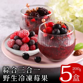 【蔬果邸家】綜合三合一冷凍野生莓果200克x5盒(藍莓_覆盆莓_蔓越莓_A肝病毒未檢出)