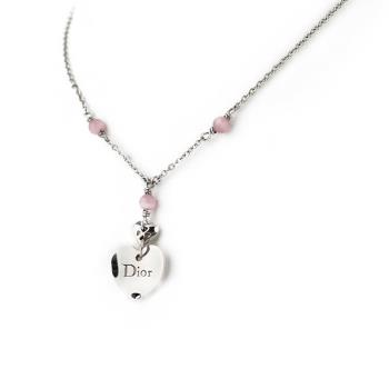 9成新【Christian Dior迪奧】心形logo粉色珠幸運草葉瓣項鍊 飾品 展示品