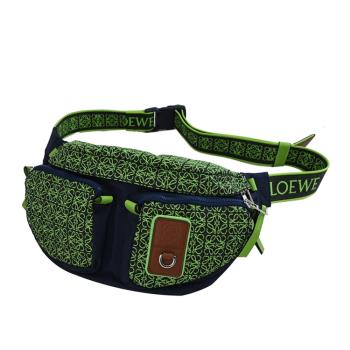 LOEWE BUMBAG 經典緹花帆布斜背胸口單肩包.綠/深藍