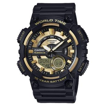 CASIO 卡西歐 10年電力世界時間碼錶-金x黑 AEQ-110BW-9AV