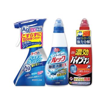 日本LION獅王 浴廁大掃除清潔組 (浴缸清潔噴霧1瓶+馬桶消臭清潔噴霧1瓶+濃效管道疏通劑1瓶)