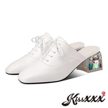 【KissXXX】拖鞋 高跟拖鞋/真皮頭層牛皮方頭繫帶水晶寶石塊跟包頭高跟拖鞋(白)