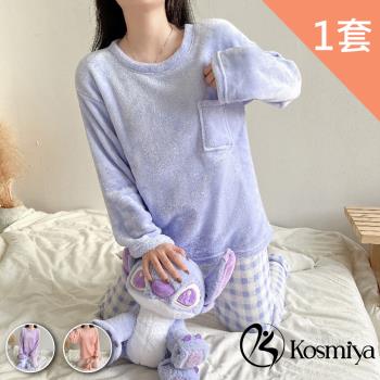 【Kosmiya】素色格紋法蘭絨珊瑚絨睡衣居家服 (M-2XL,多色可選)