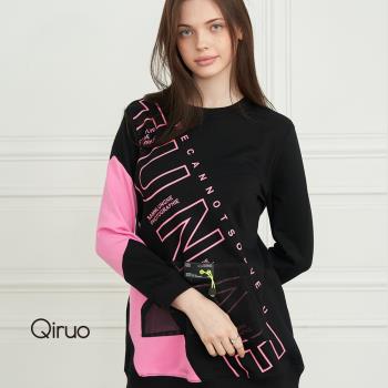 【Qiruo 奇若名品】黑粉色專櫃精品超短洋裝  長版上衣(黑色粉色+英文字母 超長遮臀上衣2088A)