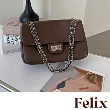 【felix】真皮時尚大容量金屬鍊帶單肩包 咖