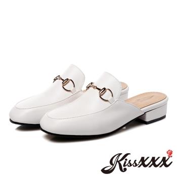 【KissXXX】低跟穆勒鞋 包頭拖鞋/小方頭時尚金釦百搭低跟拖鞋 穆勒鞋(白)