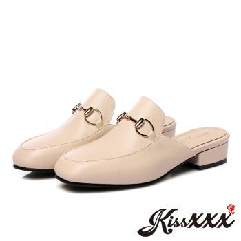 【KissXXX】低跟穆勒鞋 包頭拖鞋/小方頭時尚金釦百搭低跟拖鞋 穆勒鞋(米)