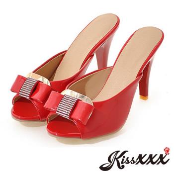 【KissXXX】高跟拖鞋 魚口拖鞋/時尚水鑽蝴蝶結淺口高跟拖鞋(紅)