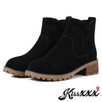 【KissXXX】短靴 粗跟短靴/真皮設計感時尚剪裁切爾西粗跟短靴(黑)