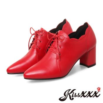 【KissXXX】牛津鞋 高跟牛津鞋/花邊靴口尖頭粗跟繫帶高跟牛津鞋(紅)