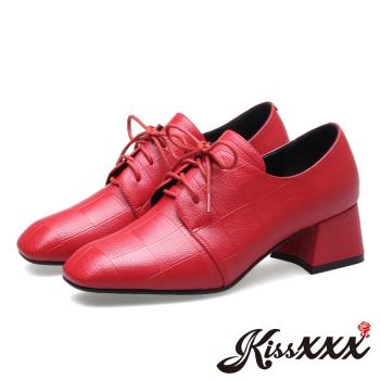 【KissXXX】牛津鞋 粗跟牛津鞋/設計款小方頭異形跟拼接皮革粗跟牛津鞋(紅)