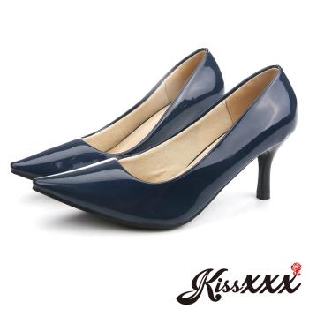 【KissXXX】跟鞋 高跟鞋/低反發舒適感美腿效果7CM小尖頭高跟鞋(漆皮深藍)