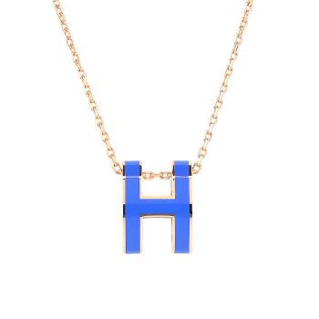Hermes 愛馬仕Mini Pop H pendant 經典H立體橢圓簍空項鍊(飽和藍73/金)