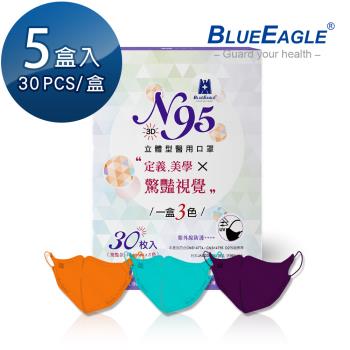 【藍鷹牌】N95 驚艷款醫用立體型成人口罩 歐戀橘、花青綠、黛紫色 三色綜合款 30片x5盒