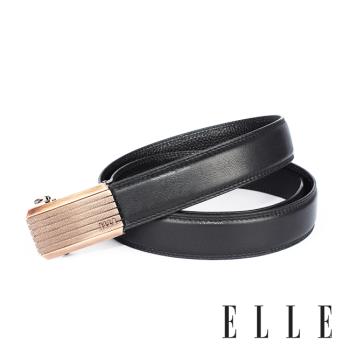 【ELLE HOMME】品牌自動扣皮帶(黑)-品牌金色水平條紋