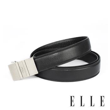 【ELLE HOMME】品牌自動扣皮帶(黑)-白金格紋底雙直線大E