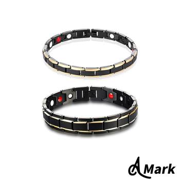 【A MARK】時尚鍊帶間金色設計款能量磁石316L鈦鋼手鍊 (2款任選)