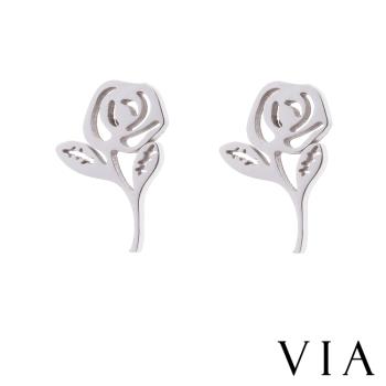 【VIA】植物系列 單朵玫瑰花造型白鋼耳釘 造型耳釘 鋼色