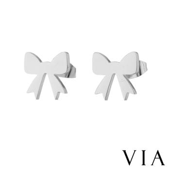 【VIA】時尚系列 甜美蝴蝶結造型白鋼耳釘 造型耳釘 鋼色